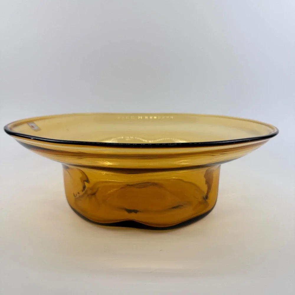 Blenko 8512 Amber Hand Blown Art Glass Pedestal Centerpiece Bowl